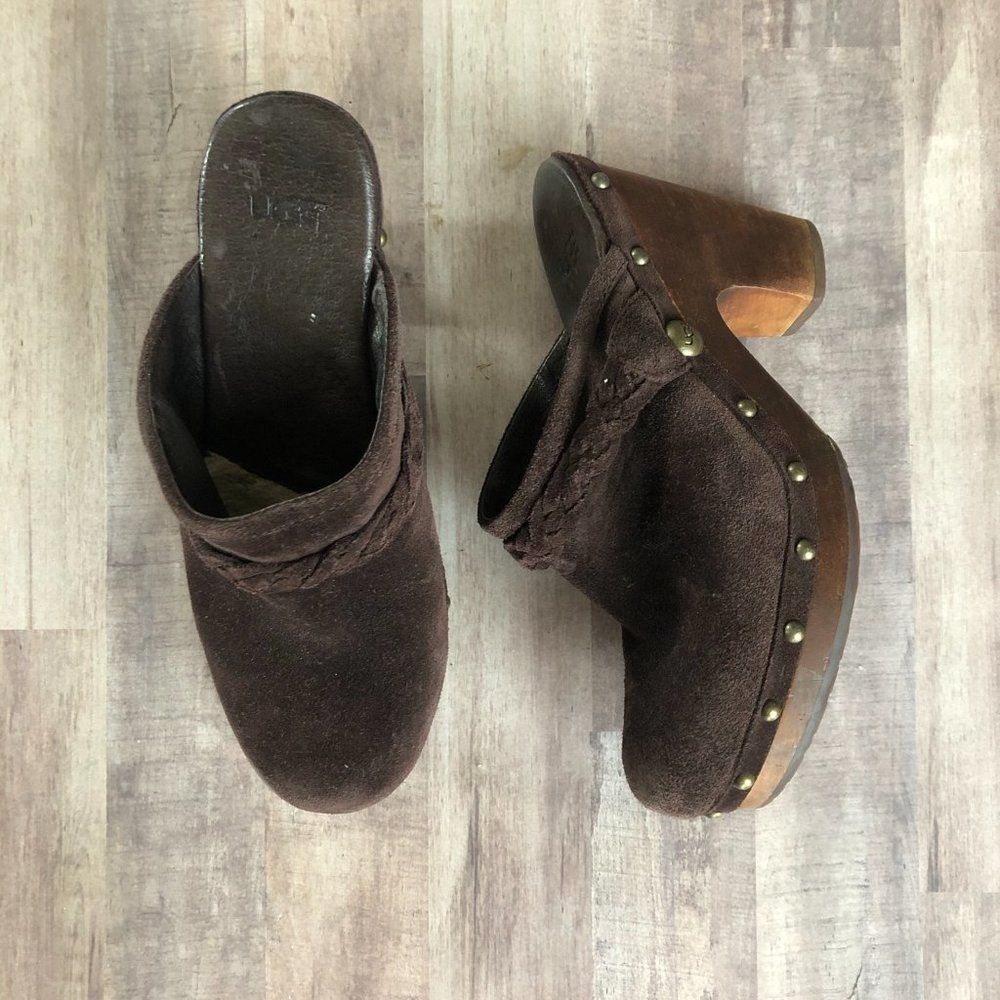 UGG Dark Brown Suede Braided Slip On Studded Clogs